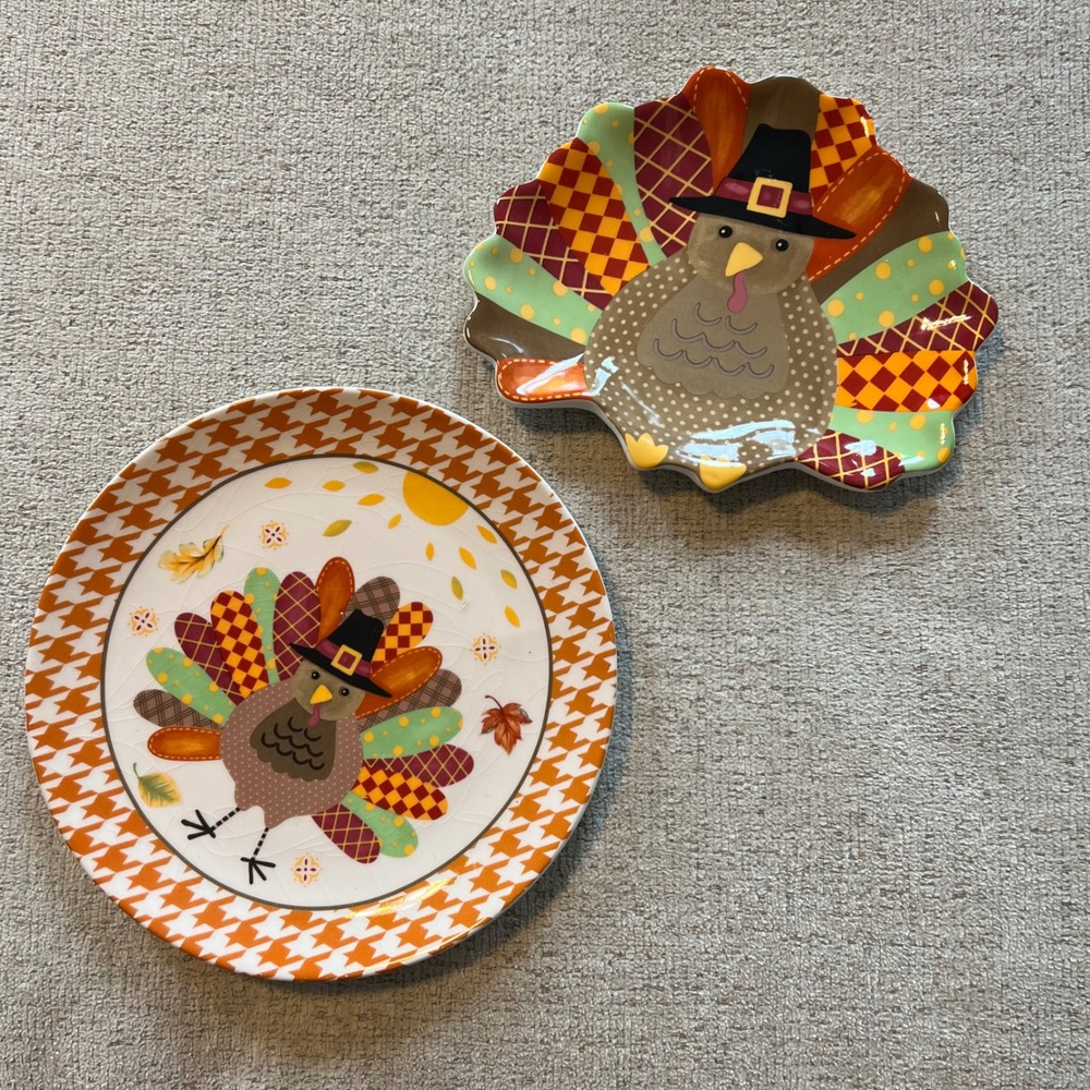 Burton + Burton Thanksgiving Turkey Ceramic Plates Set of 2 Houndstooth Fall